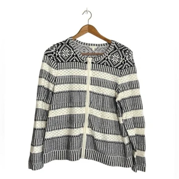 Talbots Fair Isle Nordic Black White Front Zip Round Neck Cardigan Sweater - Picture 4 of 9